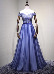 Blue Beaded Off Shoulder Long Tulle Junior Prom Dress, Prom Gowns, New Style Formal Dress