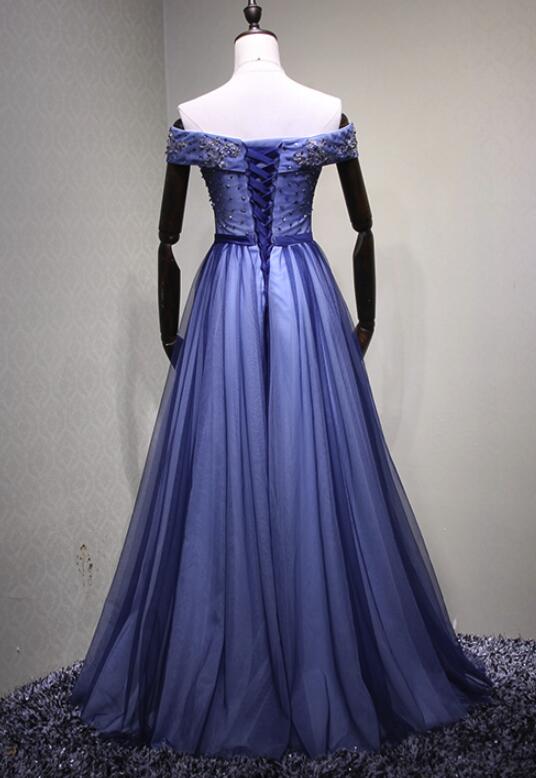 Blue Beaded Off Shoulder Long Tulle Junior Prom Dress, Prom Gowns, New Style Formal Dress