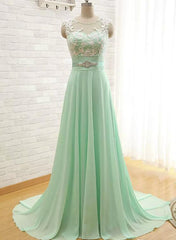 Mint Green Beautiful Round Neckline A-line Long Prom Dress, Prom Gowns
