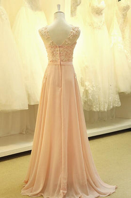 Light Pink Chiffon Lace Applique Long Formal Gown, Pink Party Dress