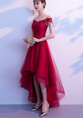 Dark Red High Low Dress, Beautiful Tulle and Lace Prom Dress, Formal Gown