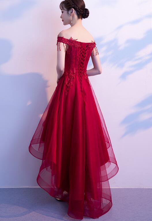 Dark Red High Low Tulle Homecoming Dress with Lace, Wine Red Prom Dress