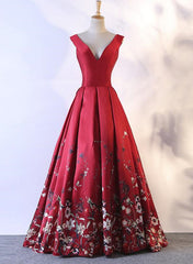 Red V-neckline Floor Length Floral Lace-up Party Dress, Red Party Dress