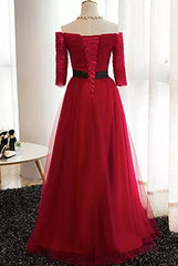 Dark Red Tulle Off Shoulder Floor Length Wedding Party Dress, Elegant Junior Prom Dress