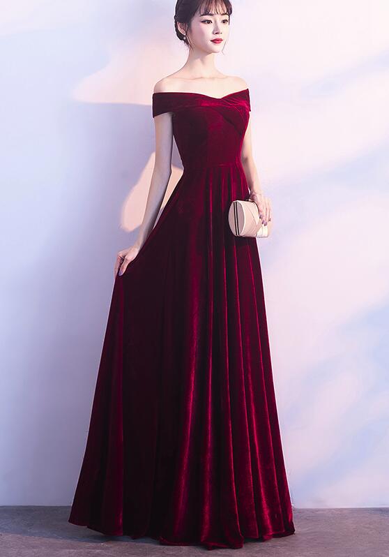 Wine Red Off Shoulder Velvet Long Wedding Party Dress, Charming Formal Gown
