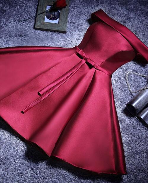 Red Satin Short Homecoming Dress, Off Shoulder Lace-up Formal Dress