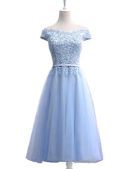 Light Blue Tea Length Off Shoulder Party Dress, Blue Bridesmaid Dress