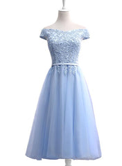 Light Blue Tea Length Off Shoulder Party Dress, Blue Bridesmaid Dress – Cutedressy