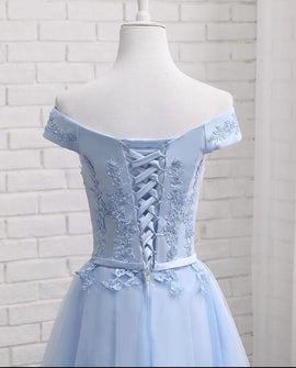 Light Blue Tea Length Off Shoulder Party Dress, Blue Bridesmaid Dress