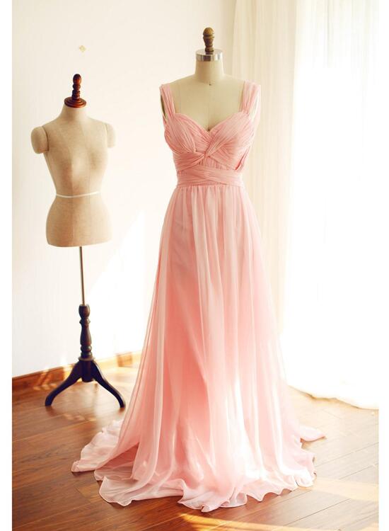 Pink Chiffon Long Formal Gown, Pink A-line Party Dress, Prom Dresses