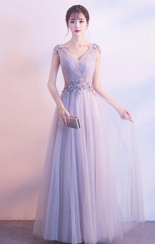Grey V-neckline Long Prom Dress, Tulle Elegant Party Dress, Lovely Wedding Party Dress