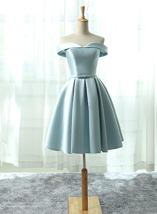 Ice Blue Homecoming Dress, Off Shoulder Satin Party Dress, Cute Formal Dress
