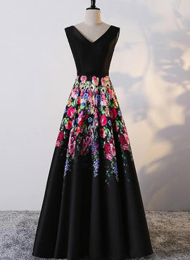 Black Floral Elegant Floor Length Party Dress , Black Satin Lace-up Formal Gown