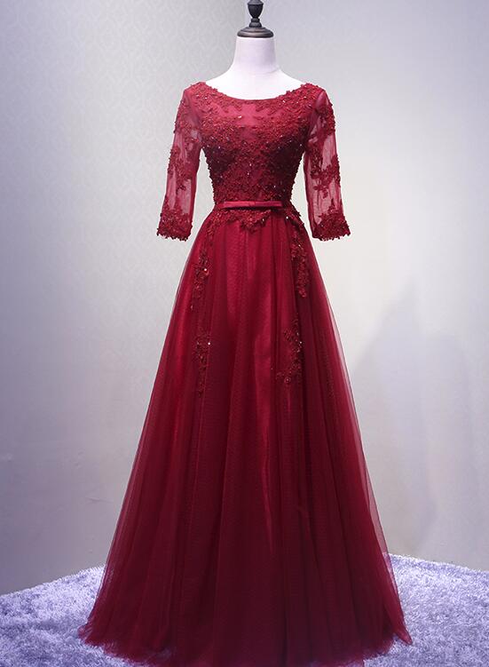 Wine Red Short Sleeves Tulle Long Formal Gown, Junior Prom Dress , Party Dress