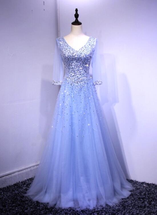 Blue Long Sleeves Beaded Tulle Formal Gown, Sparkle Junior Prom Dress