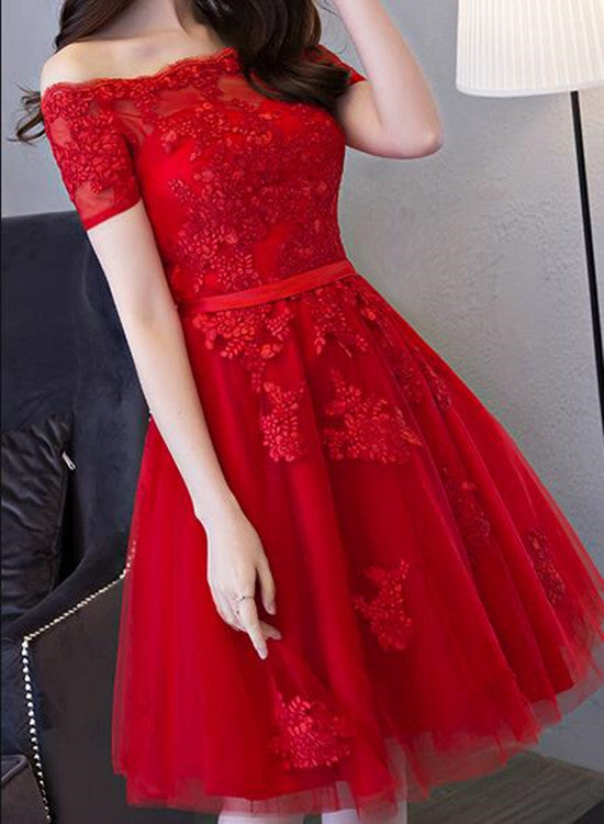 Red Short Sleeves Applique and Tulle Prom Dress, Red Formal Dress