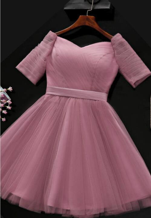 Dark Pink Off Shoulder Tulle Knee Length Bridesmaid Dress, Pink Wedding Party Dress