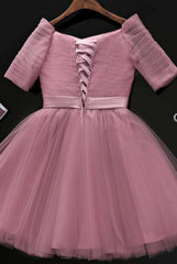 Dark Pink Off Shoulder Tulle Knee Length Bridesmaid Dress, Pink Wedding Party Dress