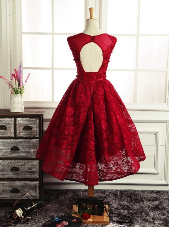Wine Red Round Neckline Lace High Low Homecoming Dress, High Low Formal Dress