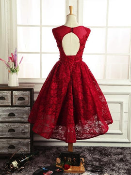 Wine Red Round Neckline Lace High Low Homecoming Dress, High Low Formal Dress