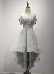 Grey Off Shoulder Lace and Tulle High Low Homecoming Dress, Cute Junior Prom Dress