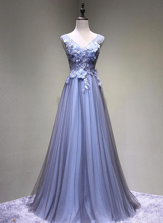 Blue-Grey V-neckline Floral Tulle Long Party Dress, Charming Formal Gown