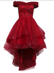 Wine Red Off Shoulder Lace High Low Lace-up Cute Formal Dress, Lovely Prom Dress