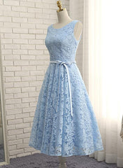 Blue Lace Tea Length Wedding Party Dress, Cute Party Dress