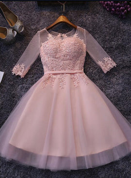 Pink Short Sleeves Tulle with Lace Applique Wedding Party Dress, Lovely Junior Prom Dress