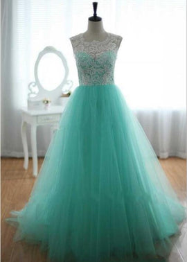 Beautiful Lace and Tulle Round Neckline Turquoise Formal Gown, Sweet 16 Party Dress