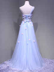 Light One Shoulder Floor Length Floral Prom Dress, Tulle Elegant Party Dress