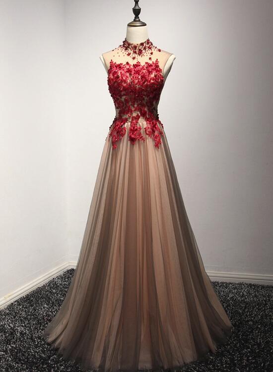 Charming Red and Champagne Tulle Halter Party Gown, Pretty Formal Dress