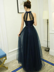 Halter Navy Blue Tulle Long Formal Dress, Pretty Formal Gown