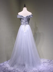 Grey Off Shoulder Elegant Tulle Lace-up Evening Gown, Grey Formal Dress
