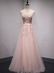 Pink Tulle V-neckline Long Party Dress, Beautiful Prom Dress, Cute Formal Gown