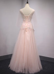 Pink Tulle V-neckline Long Party Dress, Beautiful Prom Dress, Cute Formal Gown