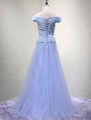 Blue Off Shoulder Lace and Floral Long Party Gowns, Charming Party Dress