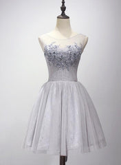 Light Grey Short Applique and Lace Homecoming Dress, Short Prom Dress