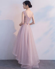 Pink V-neckline High Low Fashionable Party Dress, Pink Prom Dress