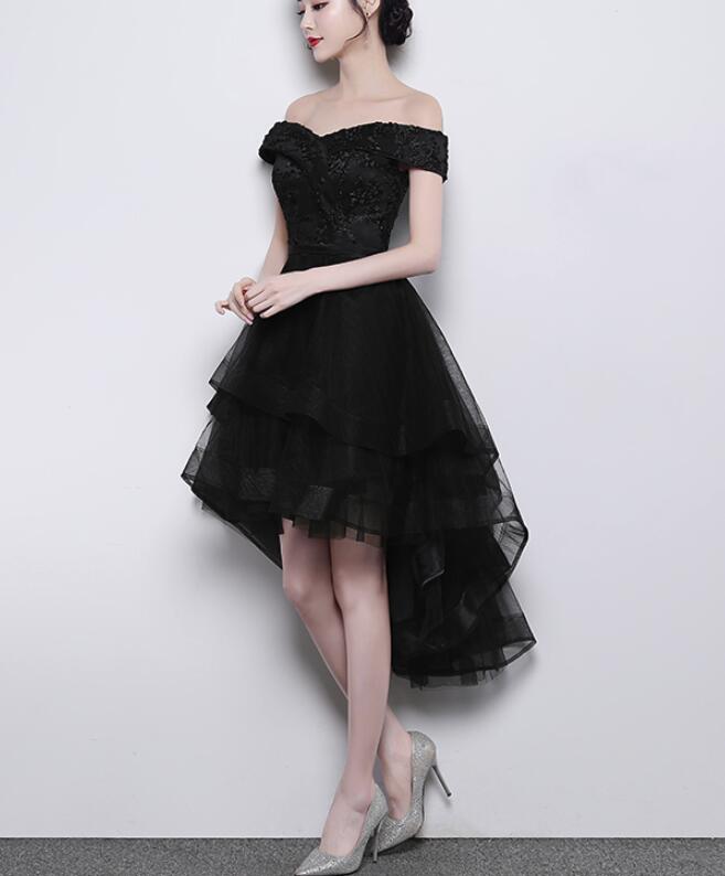 Black Off Shoulder Tulle and Lace High Low Homecoming Dress , Black Pr Cutedressy Black Off Shoulder Tulle and Lace High Low Homecoming Dress , Black Pr Cutedressy
