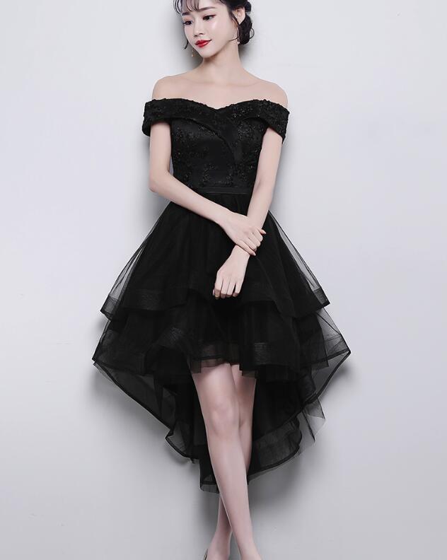 Black Off Shoulder Tulle and Lace High Low Homecoming Dress , Black Pr Cutedressy Black Off Shoulder Tulle and Lace High Low Homecoming Dress , Black Pr Cutedressy