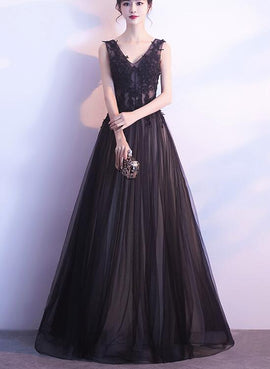 Black Tulle Lace Applique A-line Prom Dress , Black Party Dresses