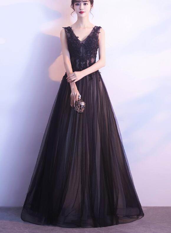 Black Tulle Lace Applique A-line Prom Dress , Black Party Dresses