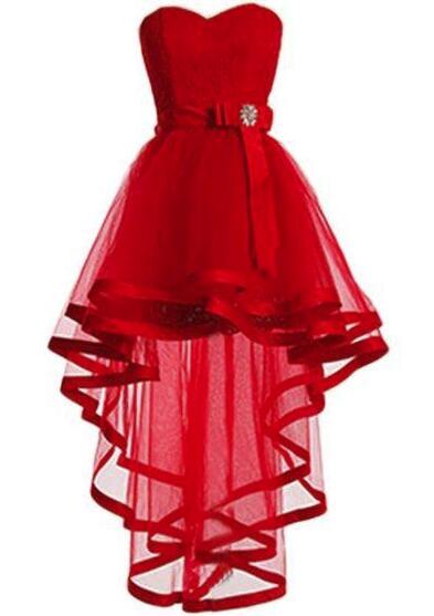 Sweetheart Red Tulle and Lace High Low Party Dress, Lace-up Formal Dress