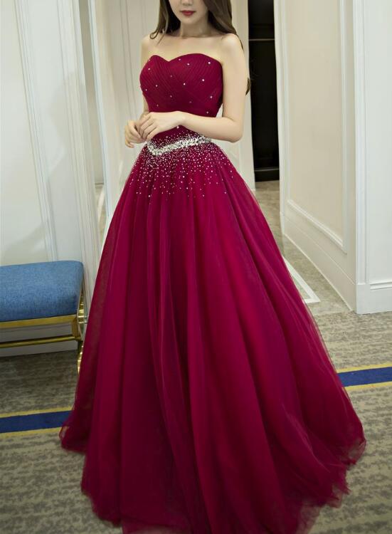 Beautiful Dark Red Tulle Sweetheart Beaded Long Formal Gown, Charming Party Dresses