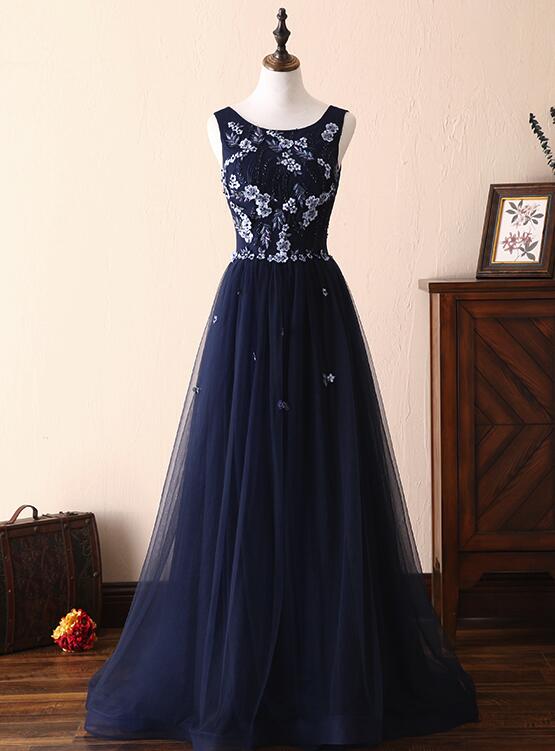 Navy Blue Flower with Applique Round Neckline Wedding Party Dress, Floor Length Party Dress
