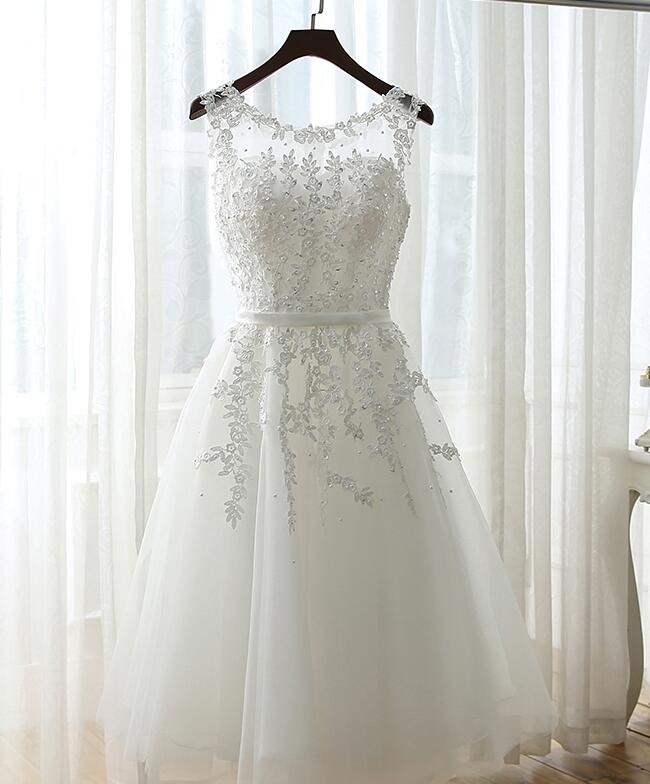 Cute White Simple Tea Length Round Neckline Wedding Party Dress, Prom