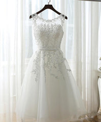 Cute White Simple Tea Length Round Neckline Wedding Party Dress, Prom Dress