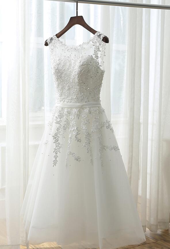 Cute White Simple Tea Length Round Neckline Wedding Party Dress, Prom Dress