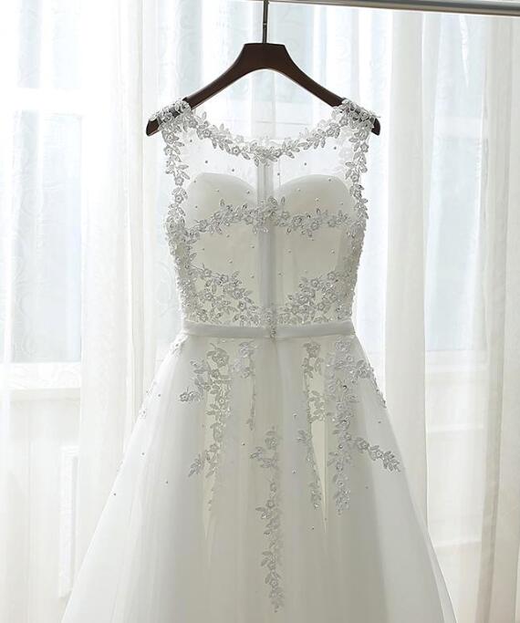 Cute White Simple Tea Length Round Neckline Wedding Party Dress, Prom ...
